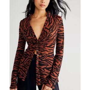 Free People Lucky Shirtee Brown Black Zebra Animal Print Button Up Shirt Top M